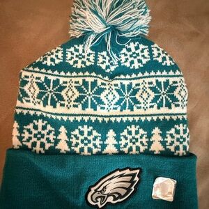 Teal and White Philadelphia Eagle Knit Beanie with Pom